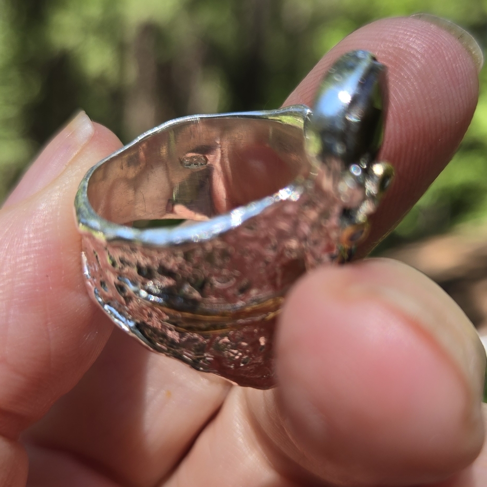 Black & Blue Sapphire Ornate Silver & Gold Moon Ring Sz7.5 - Picture 7 of 9
